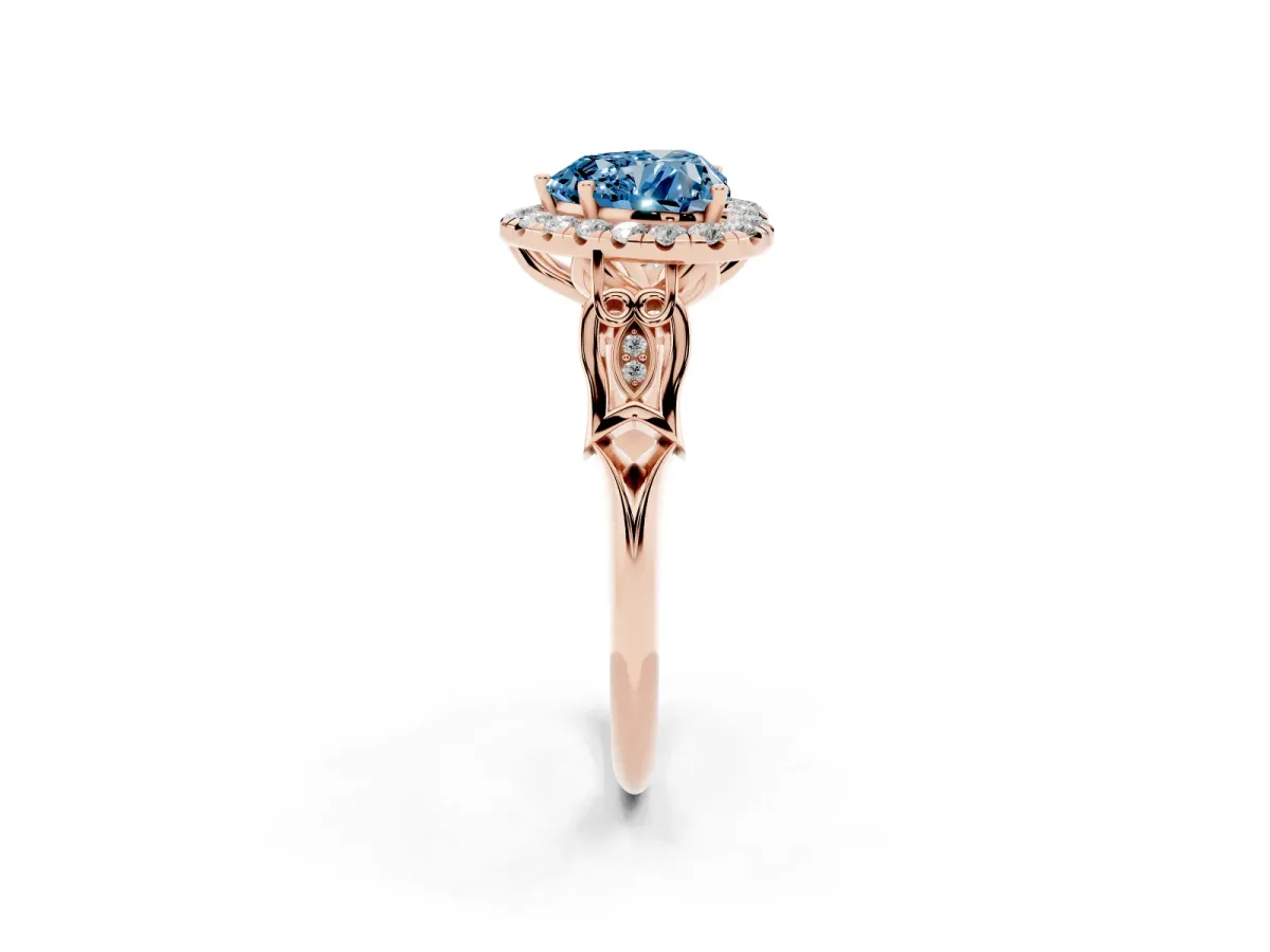 Fancy Blue Heart Cut Halo Diamond Engagement Ring with Filigree Band and Four-Prong Setting Rose gold