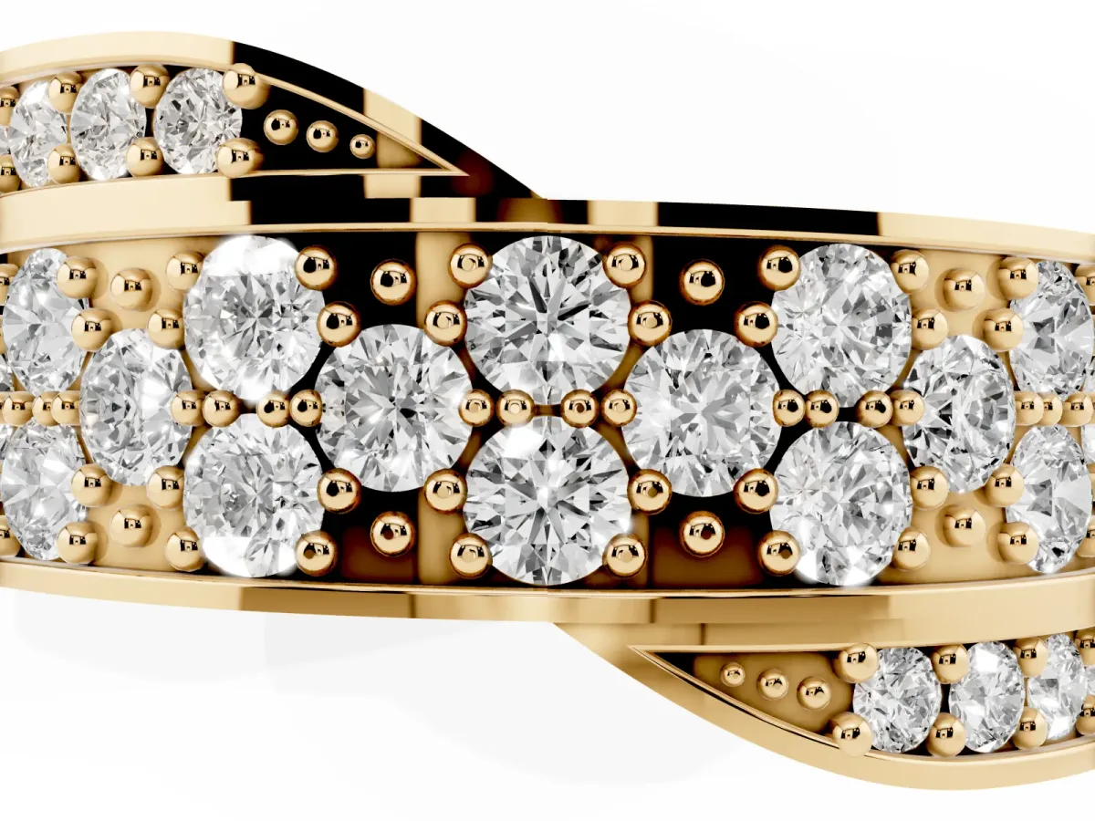 Pavé Round Diamond Crossover Band with Bead Prong Setting Yellow gold
