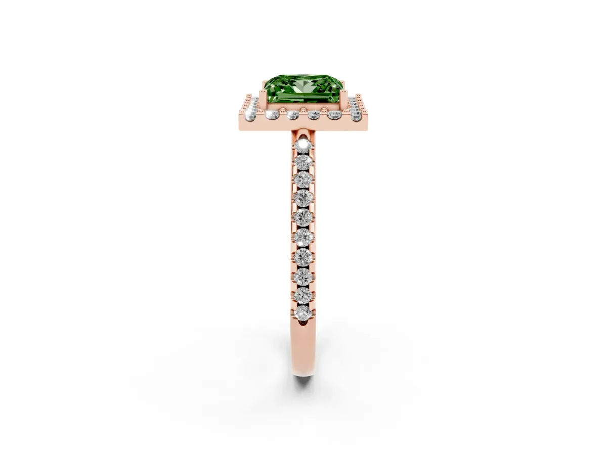 Fancy Green Princess Cut Diamond Pavé Halo Ring with Four-Prong Setting Rose gold