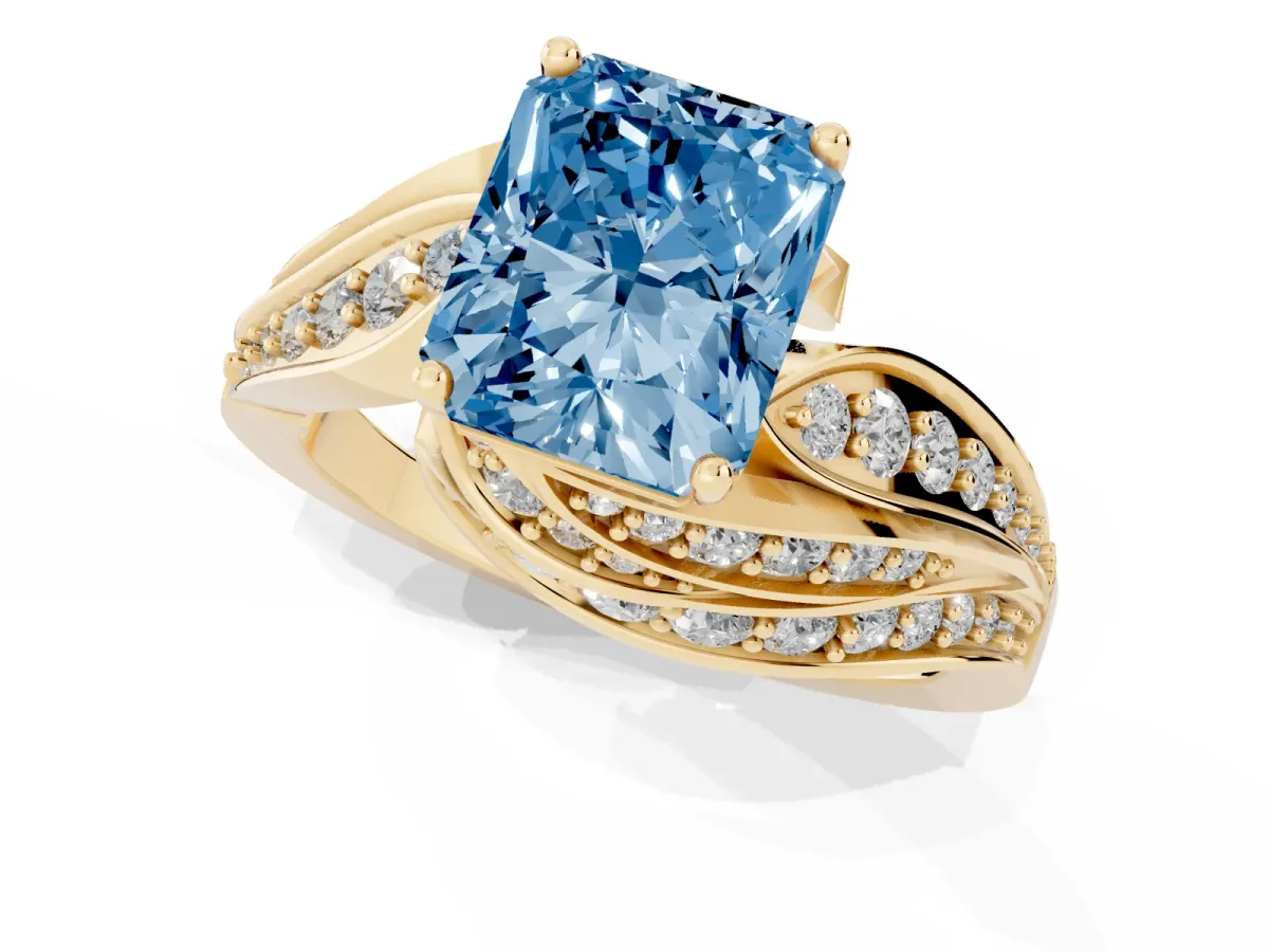 Fancy Blue Radiant Cut Diamond Solitaire Ring with Prong Setting and Twisted Pavé Band Yellow gold