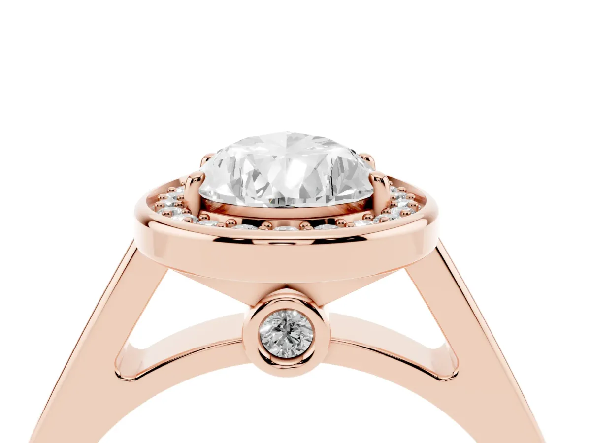 Pear Cut Halo Solitaire Diamond Ring with Pave Band and Bezel Setting Rose gold