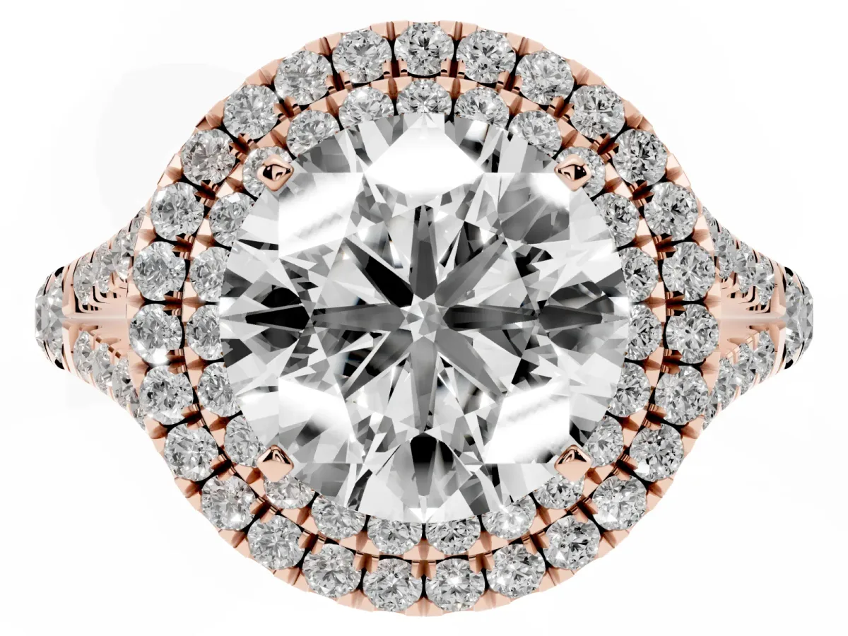 Round Cut Diamond Double Halo Ring with Split Shank and Prong Setting Rose gold
