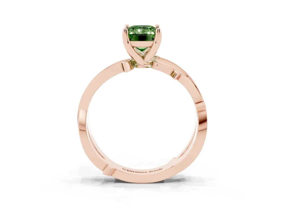Fancy Green Emerald Cut Solitaire Twist Band with Pavé Accents and Four-Prong Setting Rose gold