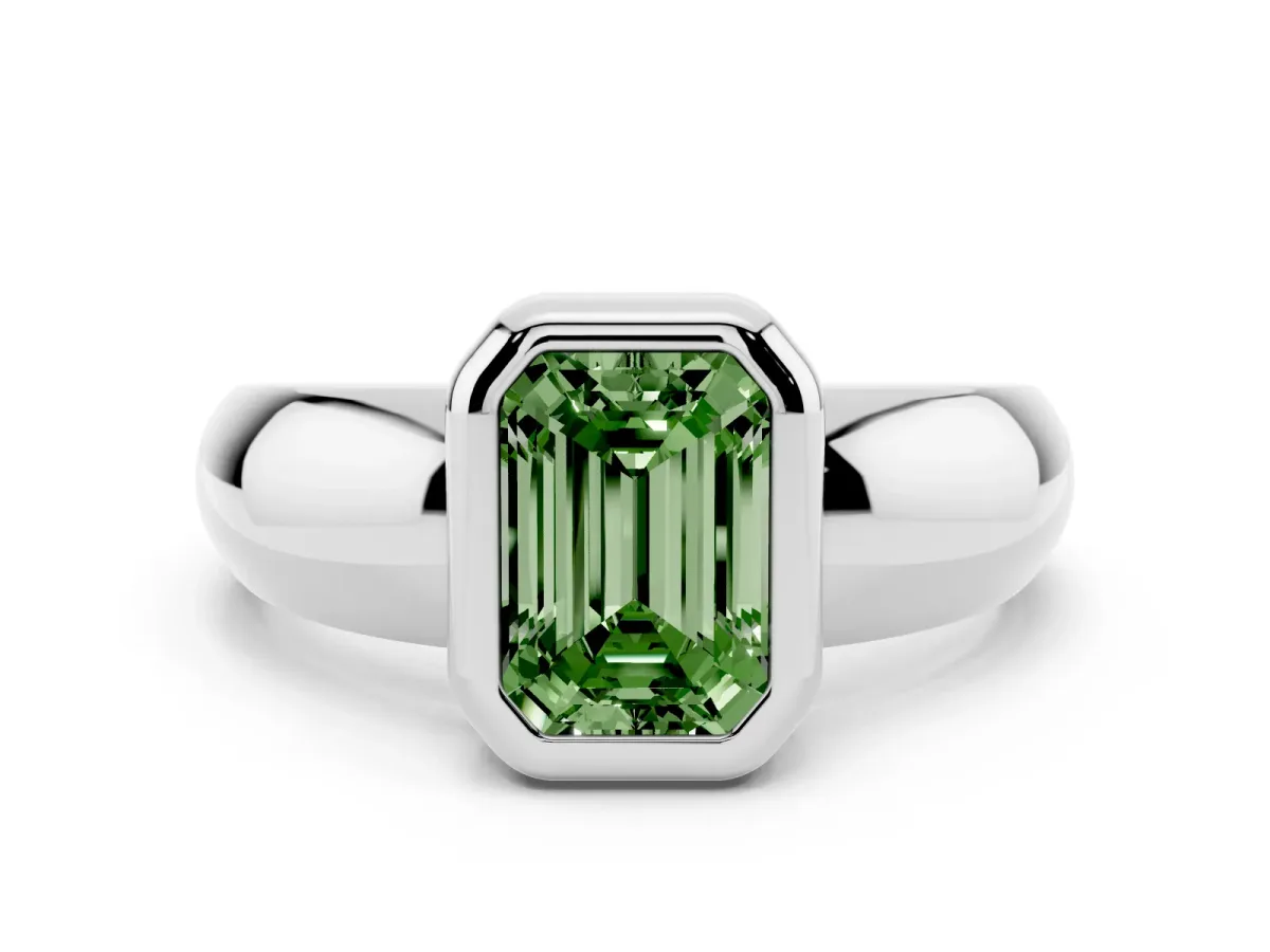 Fancy Green Bezel Set Emerald Cut Solitaire Ring with Wide Band Platinum