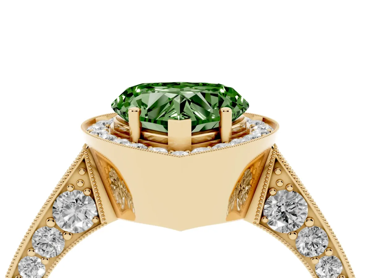 Fancy Green Heart Cut Halo Diamond Engagement Ring with Split Shank Band and Four-Prong Setting Yellow gold