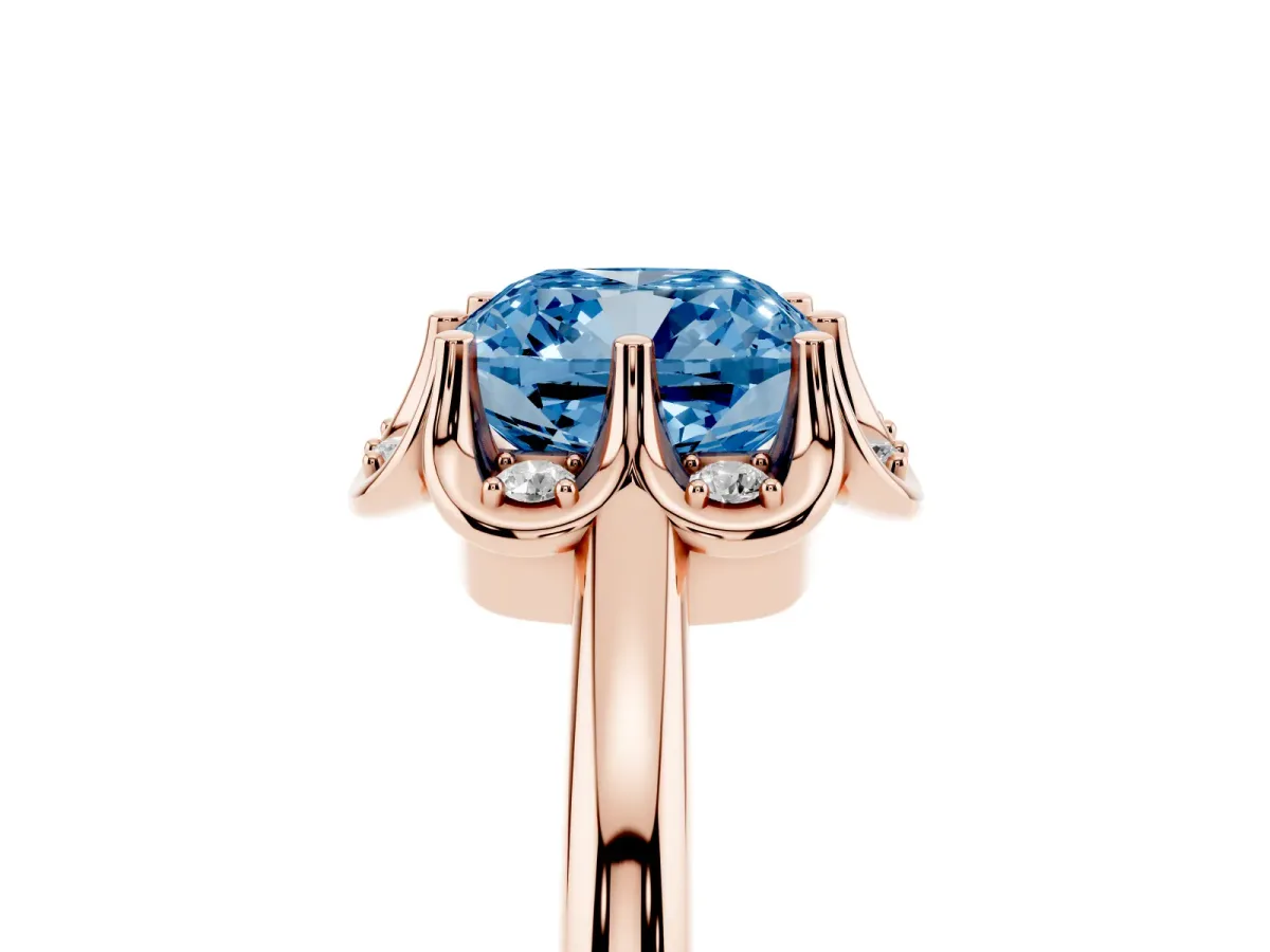 Fancy Blue Cushion Cut Halo Diamond Ring with Round Cluster Setting, Solitaire Band, and Four-Prong Setting Rose gold
