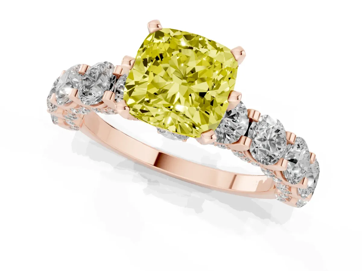 Fancy Yellow Cushion Cut Diamond Side Stone Engagement Ring with Four-Prong Setting Rose gold