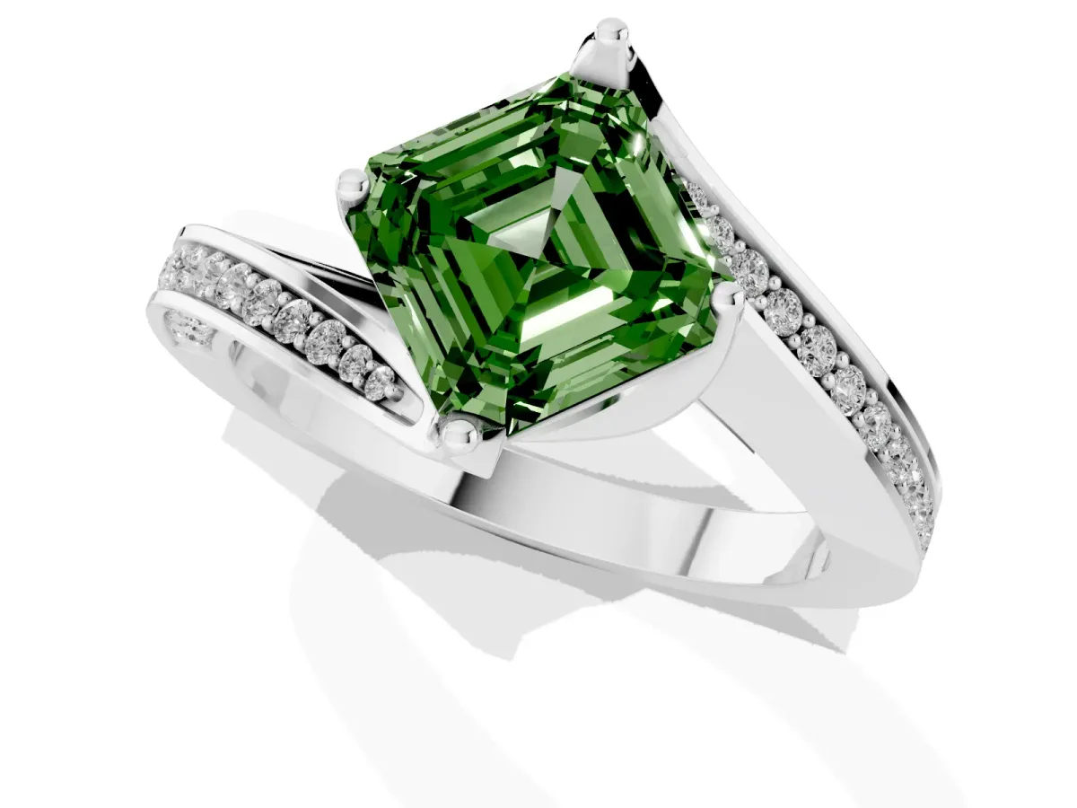 Fancy Green Asscher Cut Solitaire Diamond Twist Band with Pavé Setting and Four-Prong Setting Silver