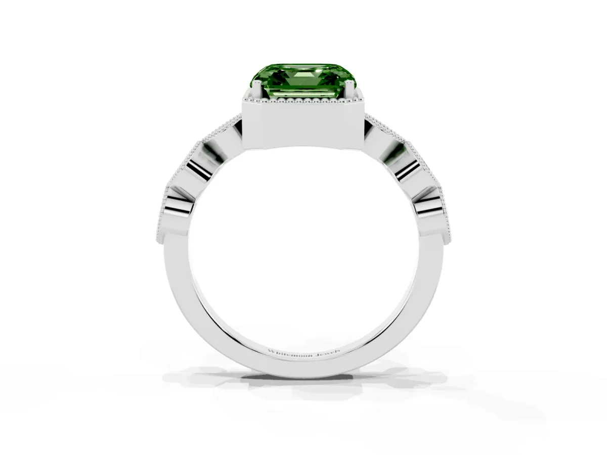 Fancy Green Asscher Cut Diamond Vintage Milgrain Ring with Round Stations Silver