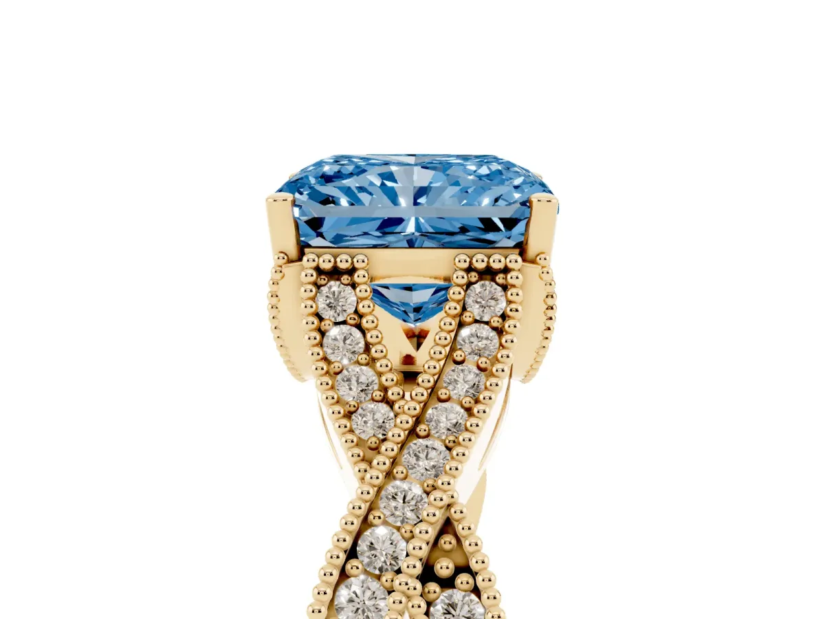 Fancy Blue Radiant Cut Cut Diamond Twisted Band with Milgrain Pave Setting and Four-Prong Setting Yellow gold