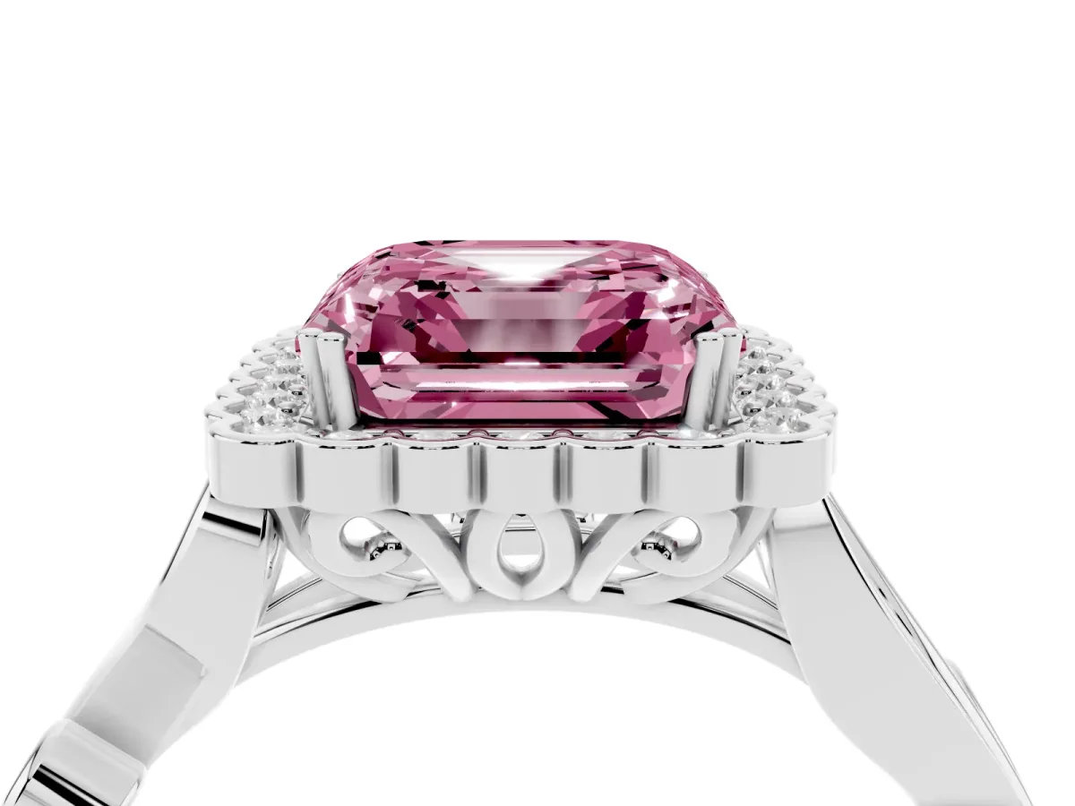Fancy Pink Asscher Cut Diamond Halo Ring with Vintage Split Shank and Four-Prong Setting Silver
