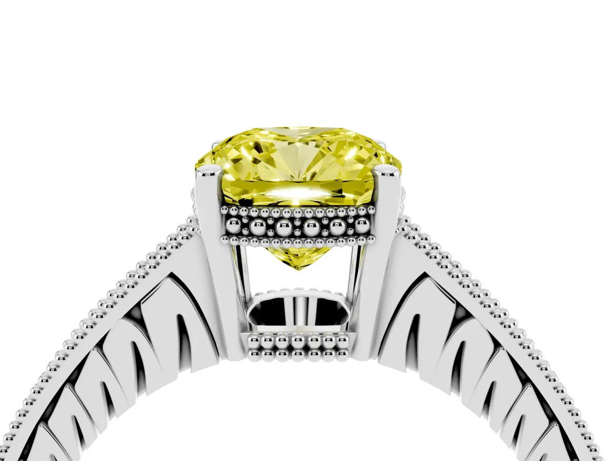 Fancy Yellow Cushion Cut Solitaire Pavé Diamond Milgrain Engagement Ring with Four-Prong Setting Silver