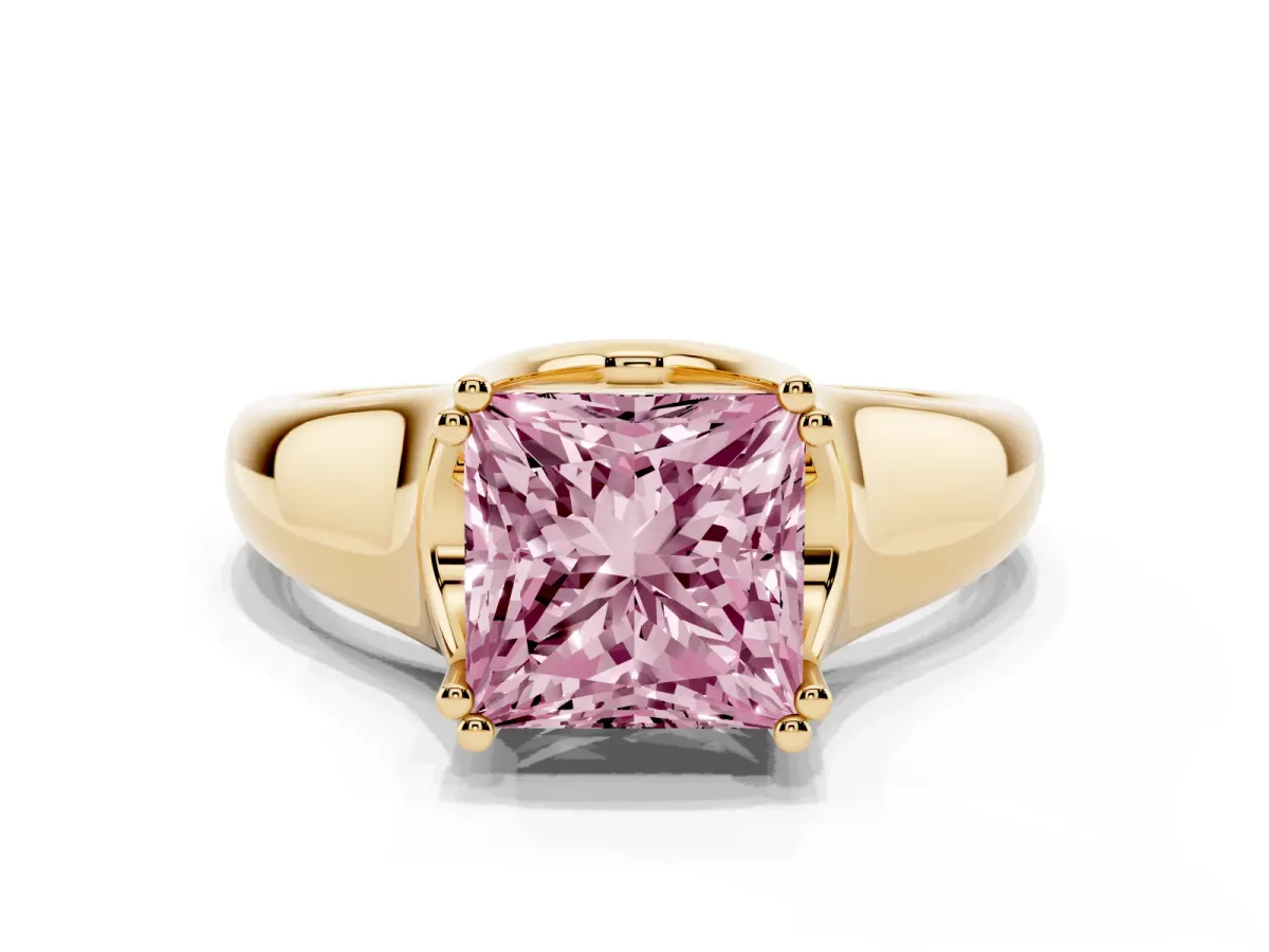Fancy Pink Princess Cut Diamond Solitaire Ring with Wide Band and Prong Setting Yellow gold