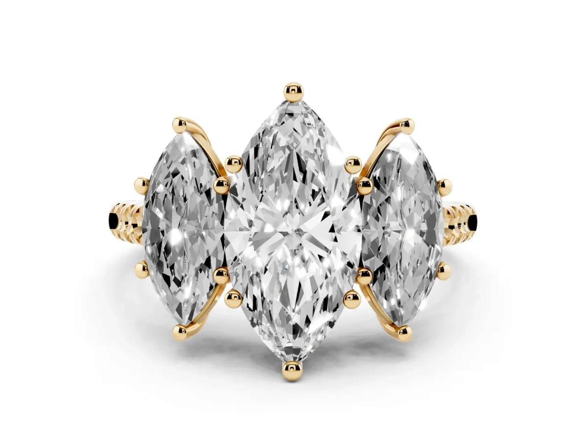 Three-Stone Marquise Cut Diamond Ring with Round Pavé Band and Prong Setting Yellow gold