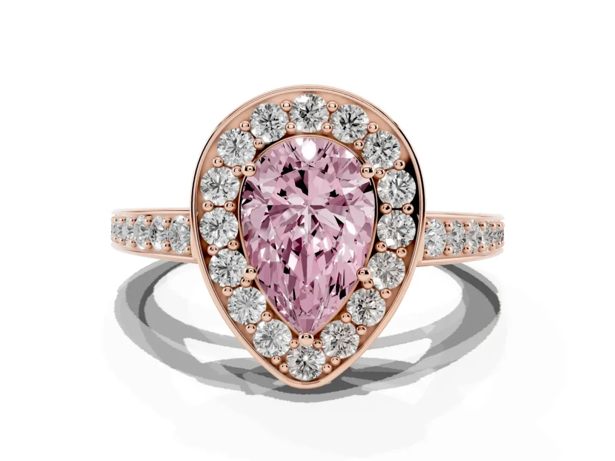 Fancy Pink Pear Cut Halo Pavé Diamond Engagement Ring with Bezel Setting Rose gold