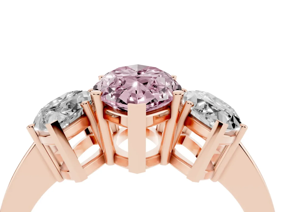 Fancy Pink Three-Stone Marquise Cut Cut Diamond Engagement Ring with Flat Band and Four-Prong Setting Rose gold