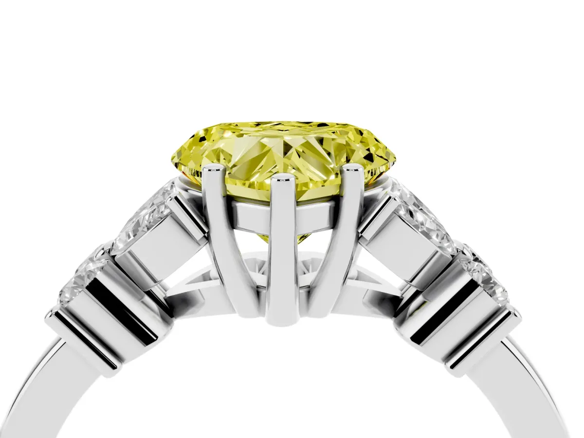 Fancy Yellow Heart Cut Diamond Floral Cluster Ring with Solitaire Band and Prong Setting Silver