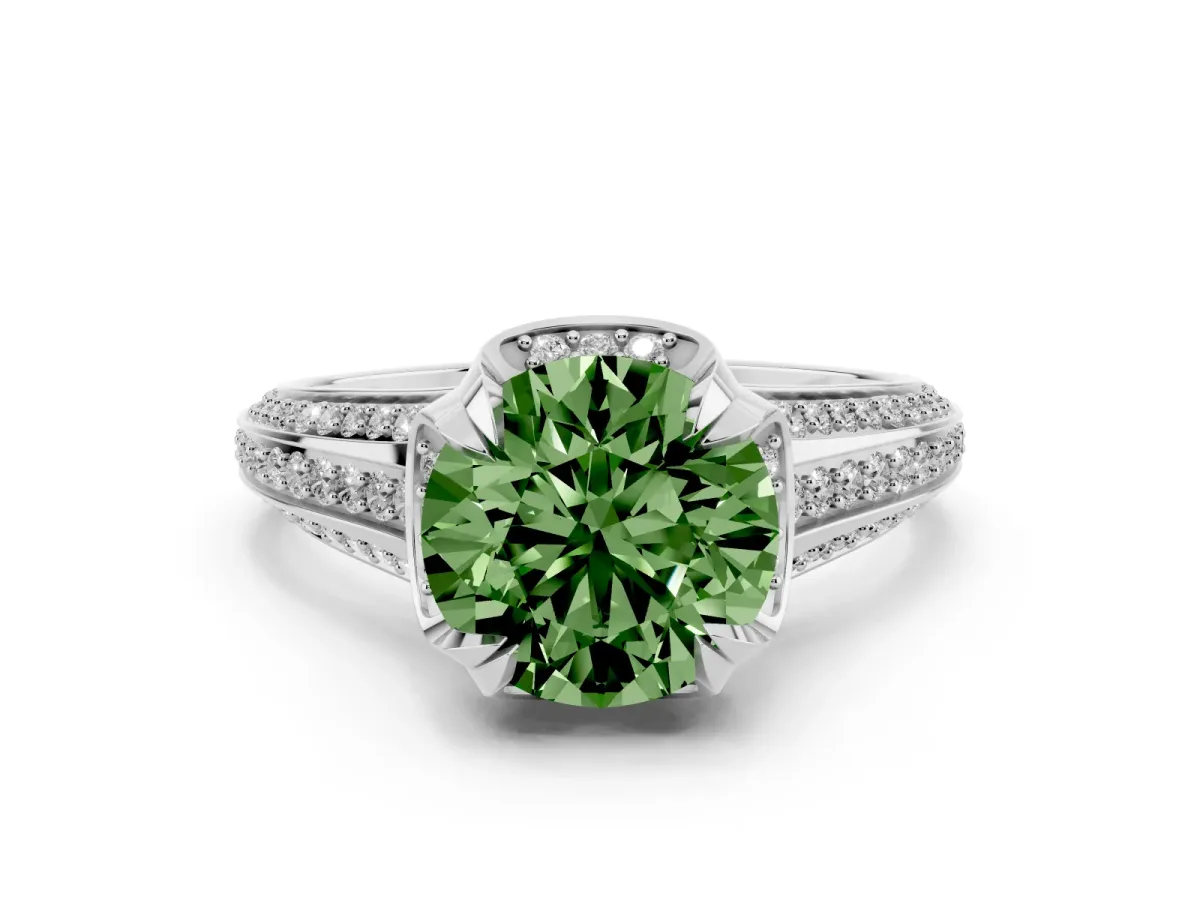 Fancy Green Round Cut Solitaire Pave Split Shank Ring with Four-Prong Setting Platinum