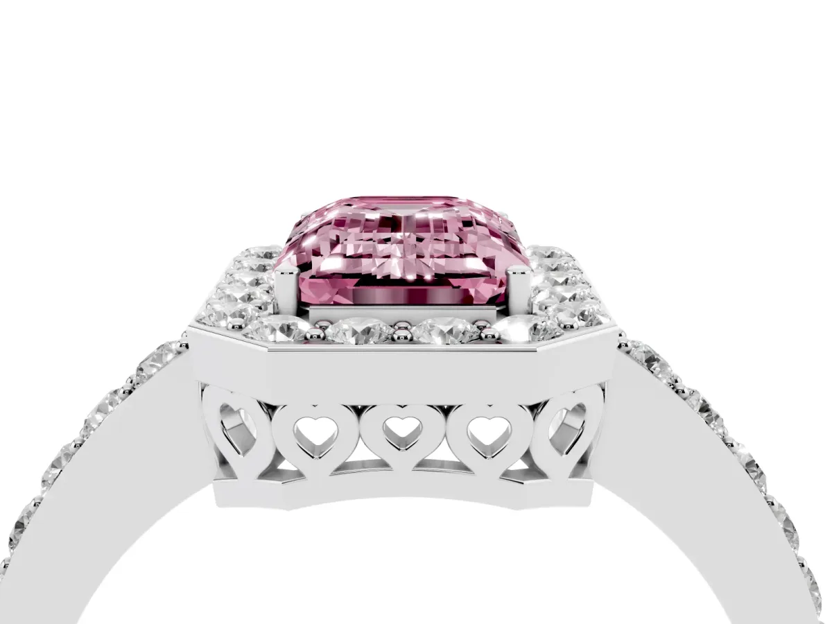 Fancy Pink Emerald Cut Halo Diamond Pavé Band Ring with Prong Setting Platinum