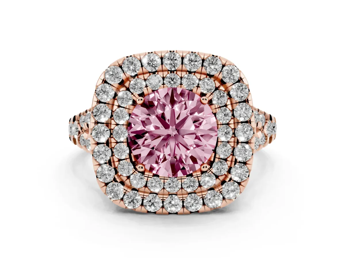 Fancy Pink Double Halo Round Cut Diamond Pavé Split Shank Ring with Prong Setting Rose gold