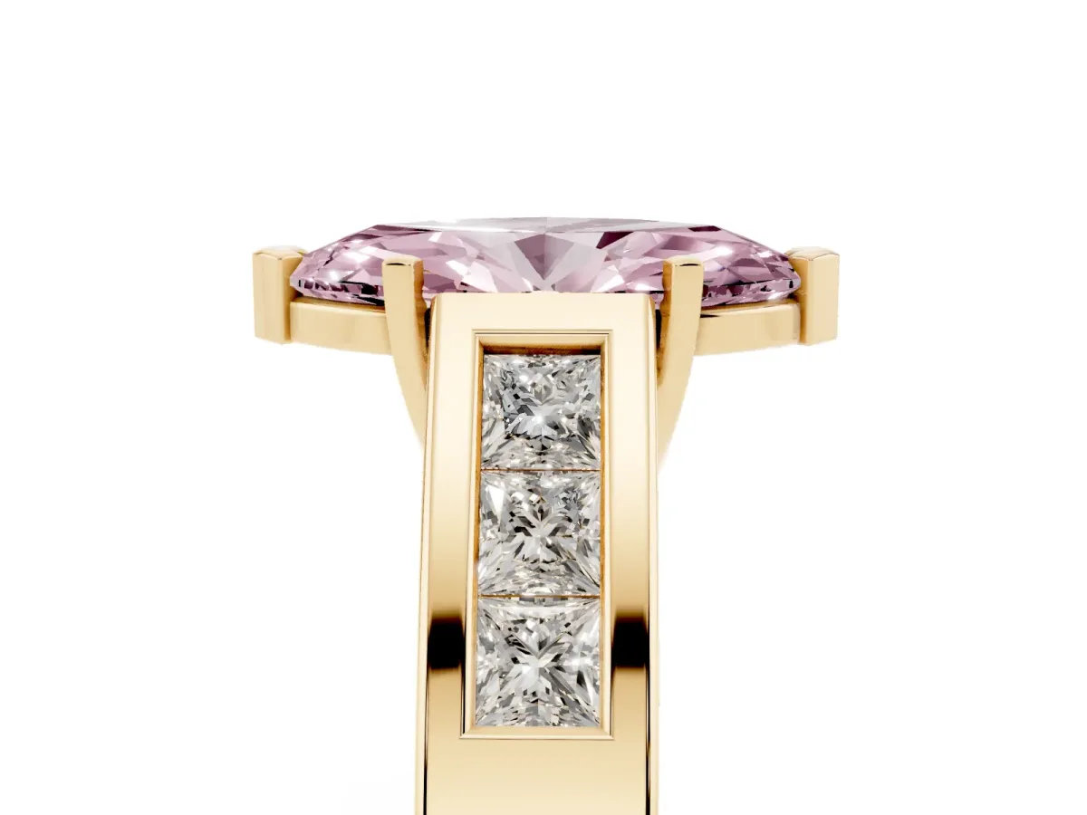Fancy Pink Marquise Cut Cut Channel Set Solitaire Ring with Four-Prong Setting Yellow gold