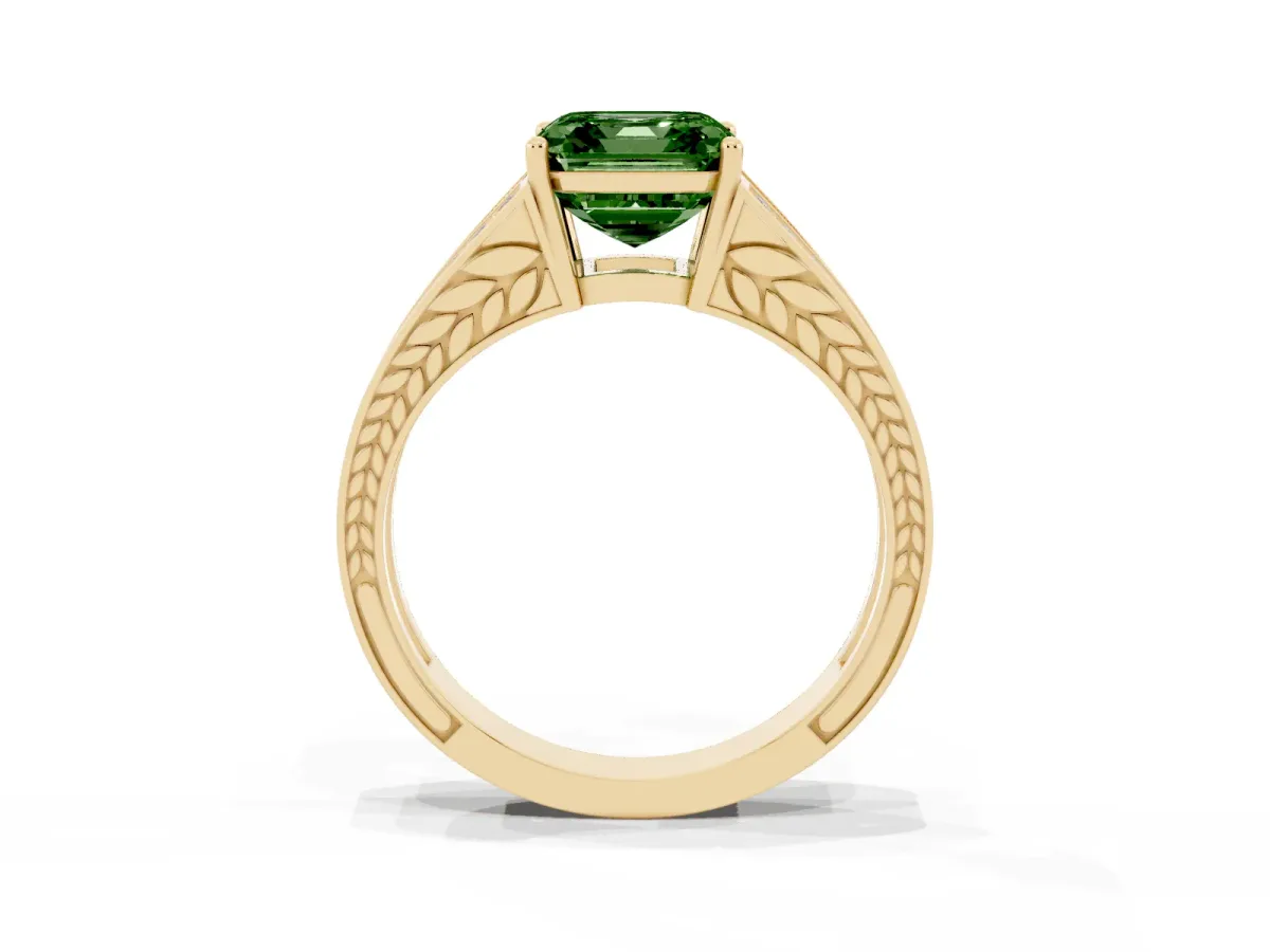 Fancy Green Asscher Cut Diamond Split Shank Ring with Pavé Band and Four-Prong Setting Yellow gold