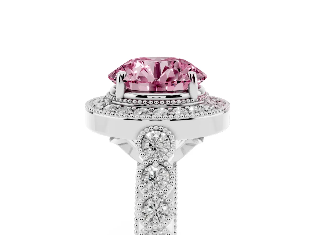 Fancy Pink Round Cut Halo Milgrain Solitaire with Bezel Set Side Stones and Pave Band Silver