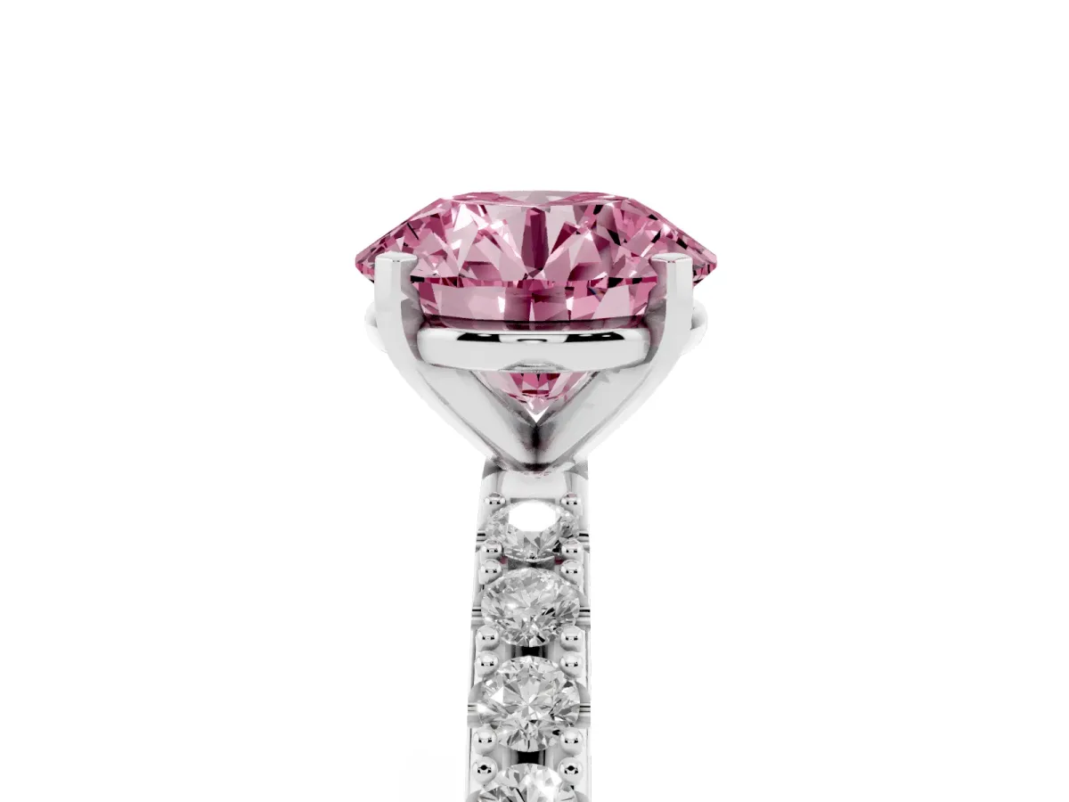Fancy Pink Round Cut Diamond Solitaire Pavé Band with Four-Prong Setting Platinum