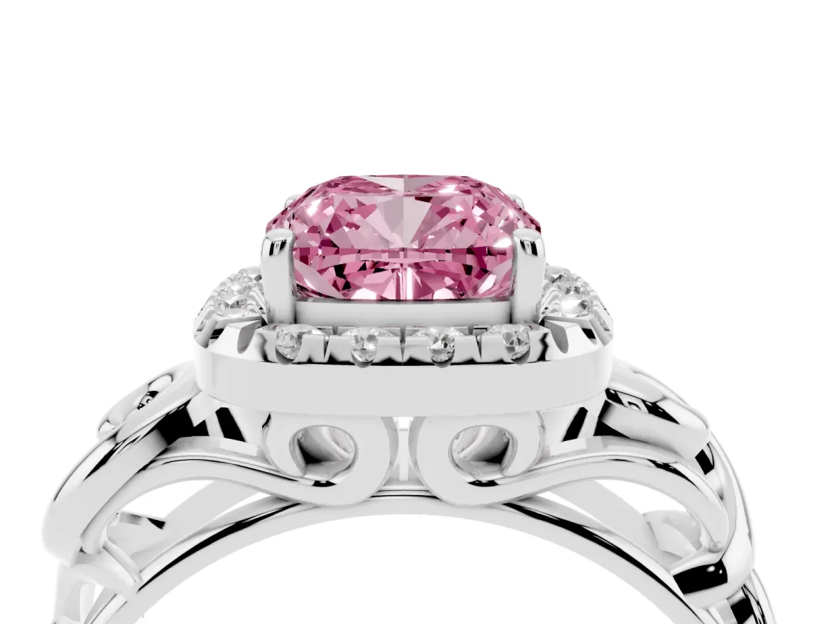Fancy Pink Cushion Cut Cut Halo Diamond Ring with Scrollwork Band and Four-Prong Setting Silver