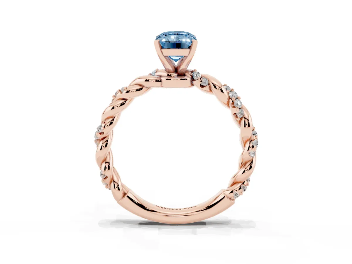 Fancy Blue Emerald Cut Diamond Solitaire Ring with Twisted Band and Pavé Accents Rose gold