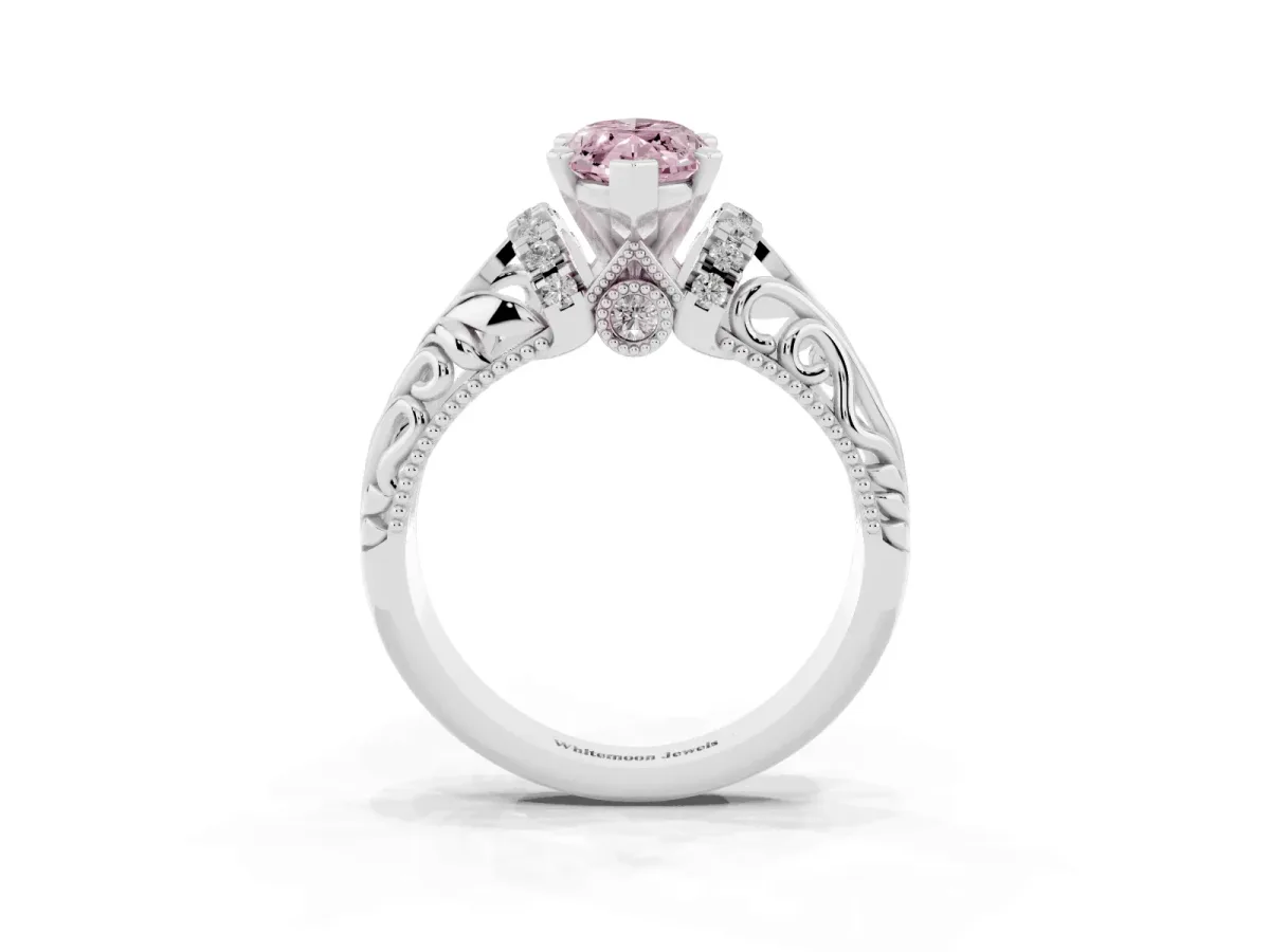 Fancy Pink Marquise Cut Solitaire Filigree Engagement Ring with Halo and Prong Setting Silver
