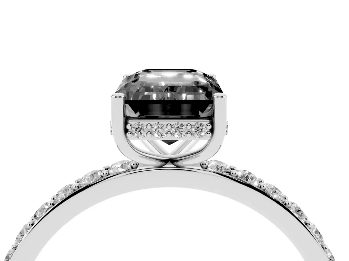 Fancy Black Emerald Cut Diamond Solitaire Ring with Pavé Band and Hidden Halo Silver