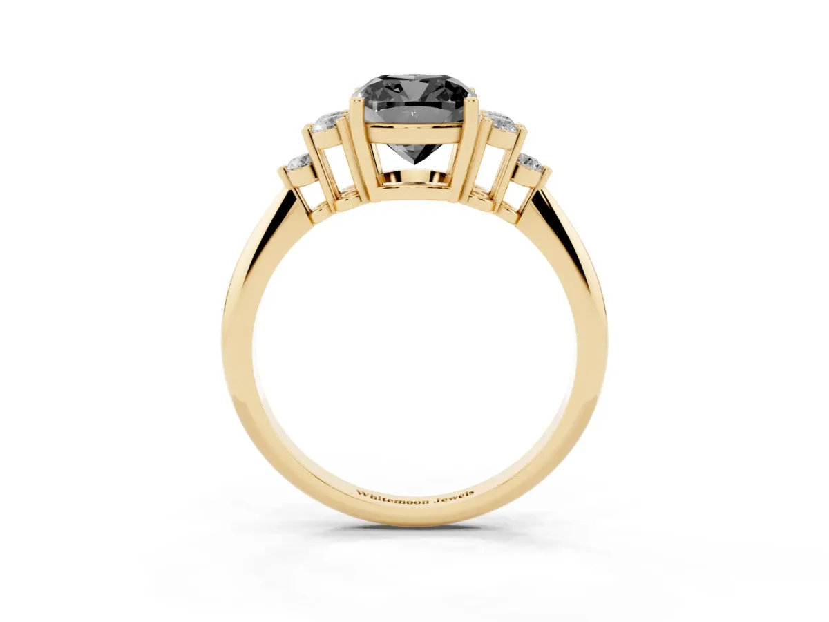 Fancy Black Cushion Cut Cut Diamond Cluster Ring with Solitaire Band and Four-Prong Setting Yellow gold