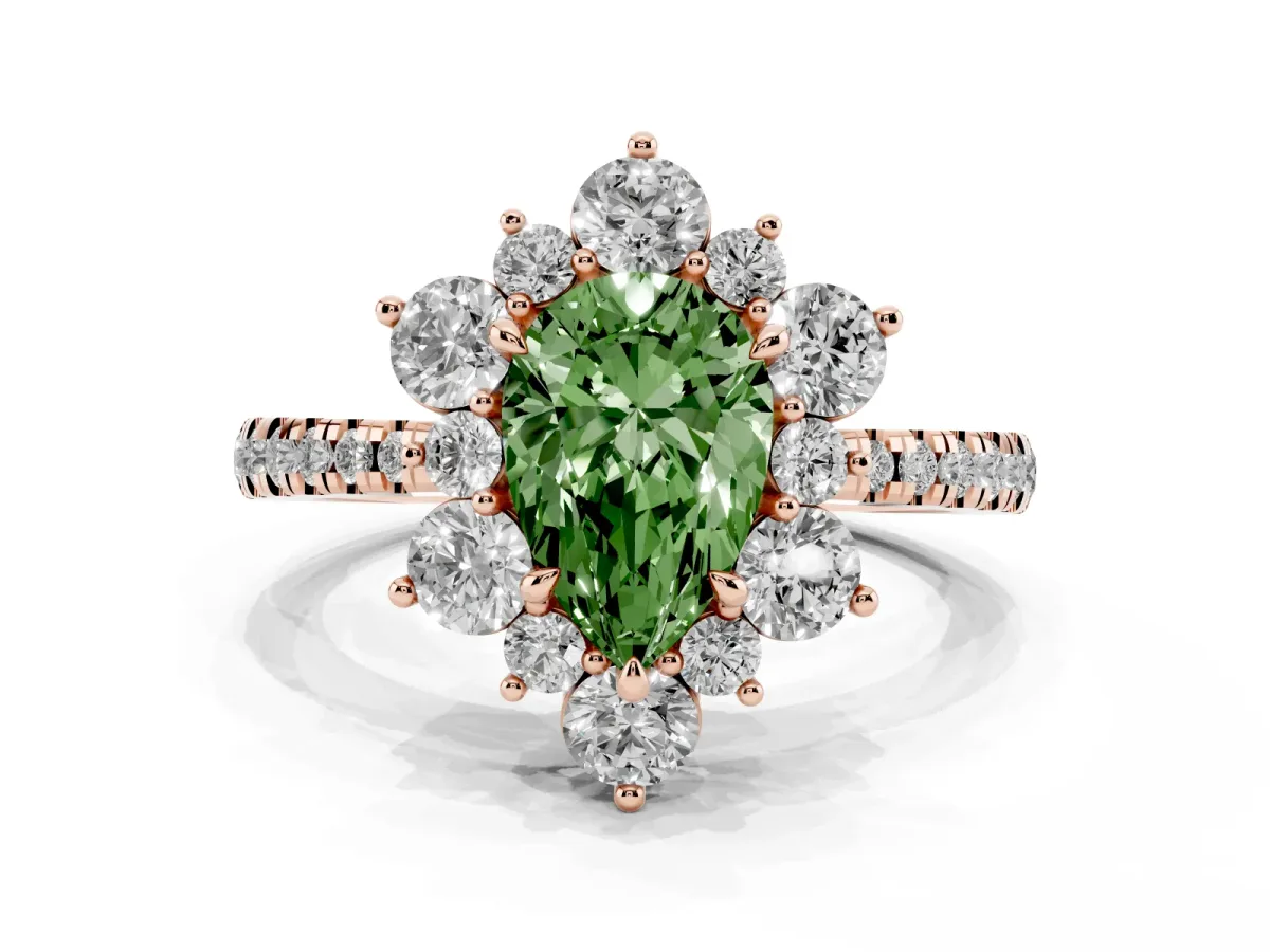 Fancy Green Pear Cut Diamond Floral Halo Ring with Round Pavé Band and Prong Setting Rose gold