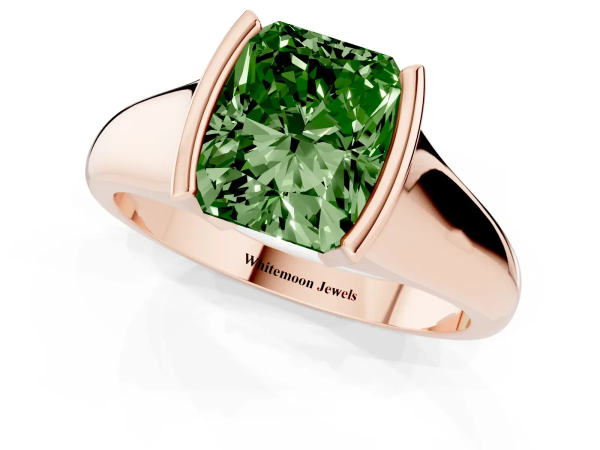 Fancy Green Radiant Cut Solitaire Tension Set Diamond Ring with Split Shank Band Rose gold
