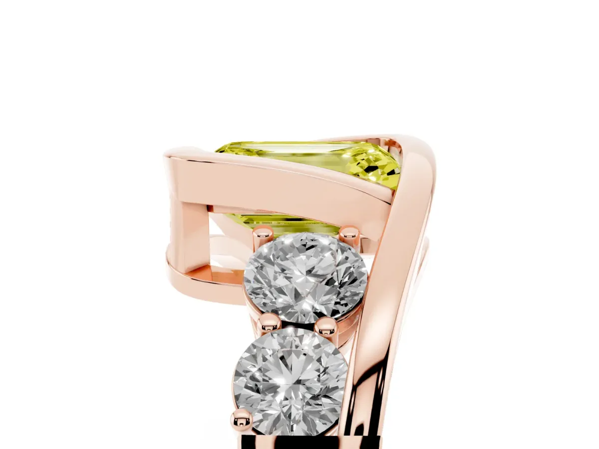 Fancy Yellow Bezel Set Emerald Cut Diamond Bypass Ring with Round Accents Rose gold