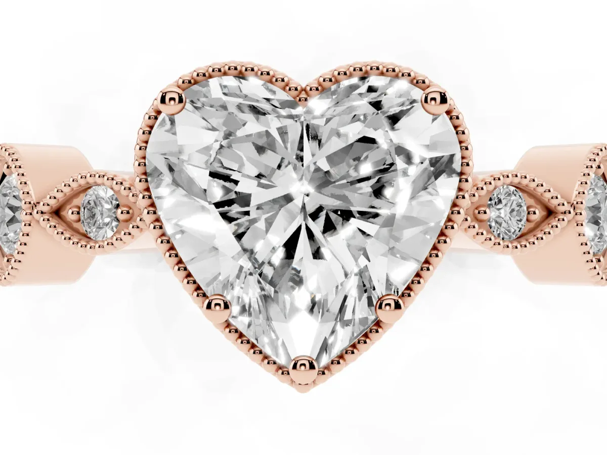 Heart Cut Diamond Vintage Milgrain Ring with Round Stations Rose gold