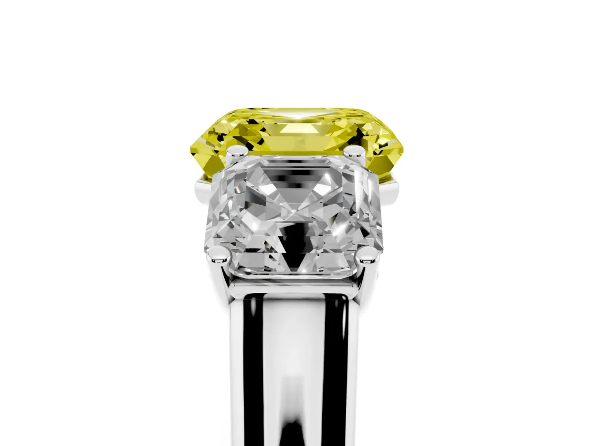 Fancy Yellow Asscher Cut Three-Stone Diamond Ring with Prong Setting on a Classic Band Silver