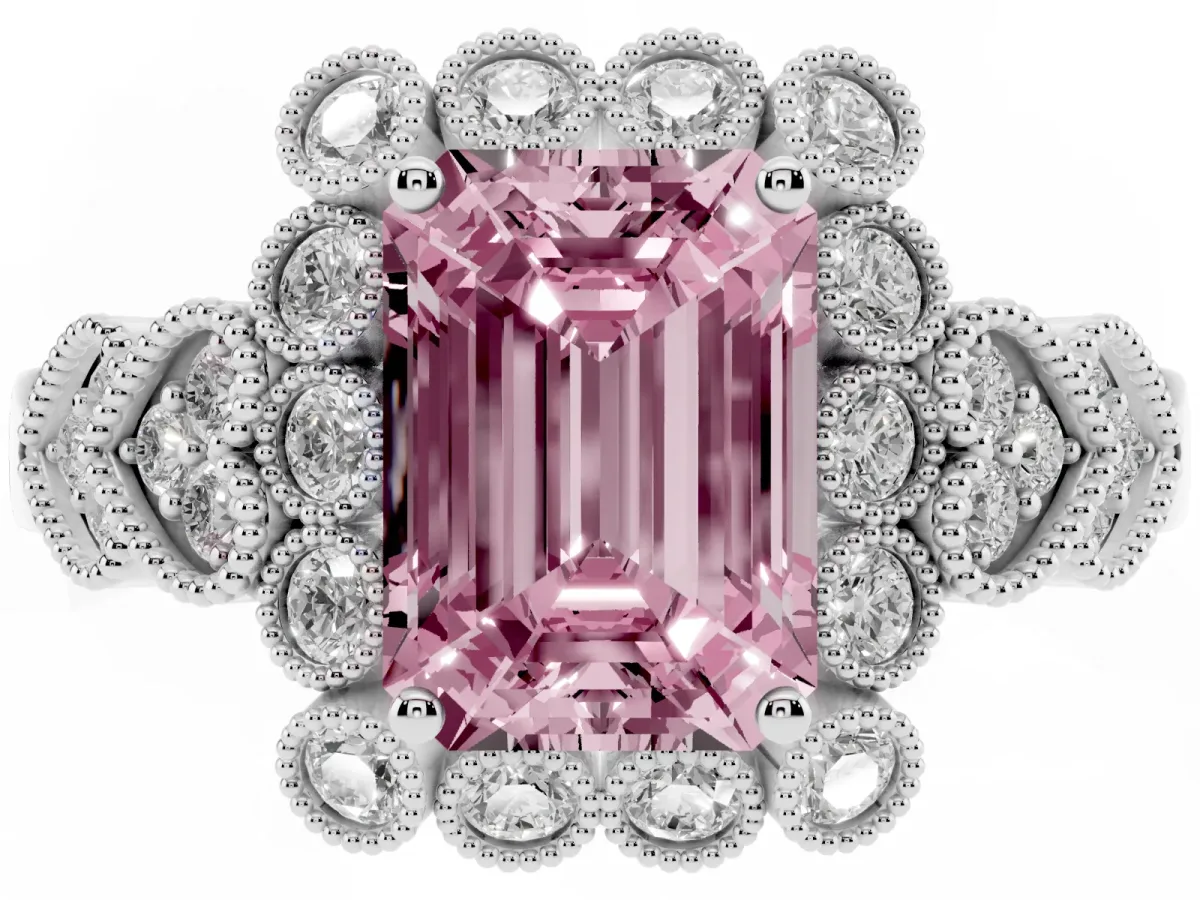 Fancy Pink Emerald Cut Brilliant Milgrain Pave Heart Band Solitaire Ring Silver