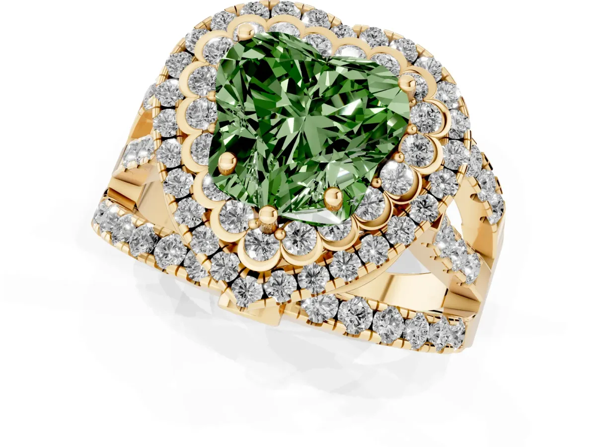 Fancy Green Heart Cut Diamond Double Halo Ring with Round Pavé Split Shank and Prong Setting Yellow gold