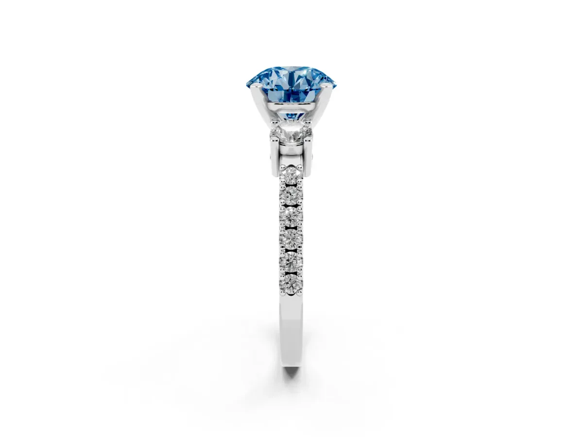 Fancy Blue Round Cut Three-Stone Diamond Pavé Band with Prong Setting Silver