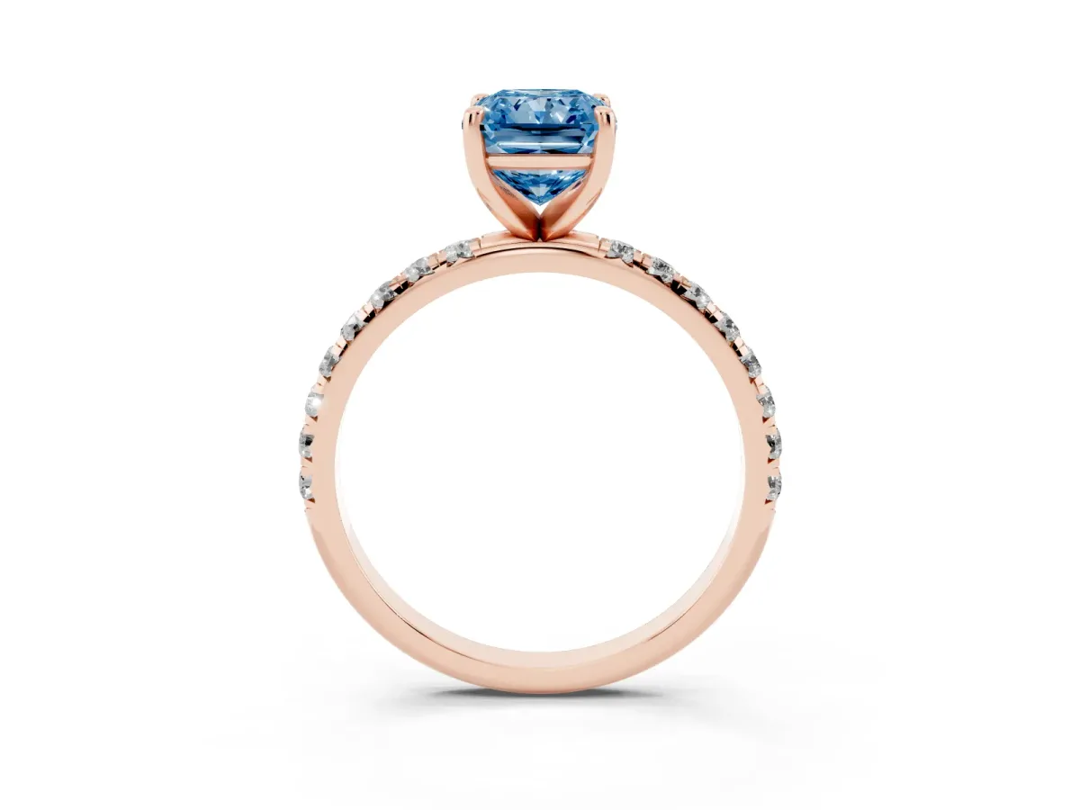 Fancy Blue Radiant Cut Cut Diamond Solitaire Ring with Micro Pave Band and Four Prong Setting Rose gold