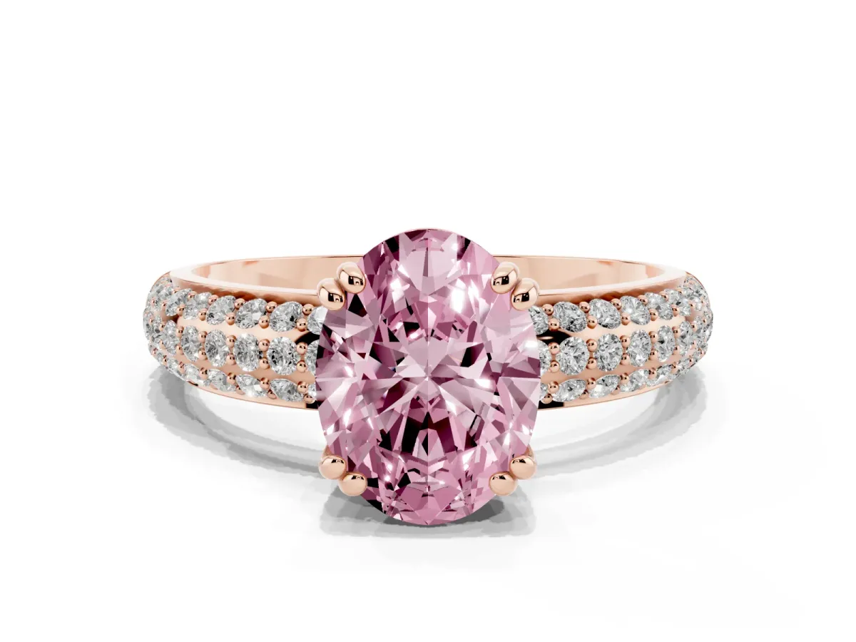 Fancy Pink Oval Cut Diamond Solitaire Ring with Multi-Row Round Pavé Band and Prong Setting Rose gold