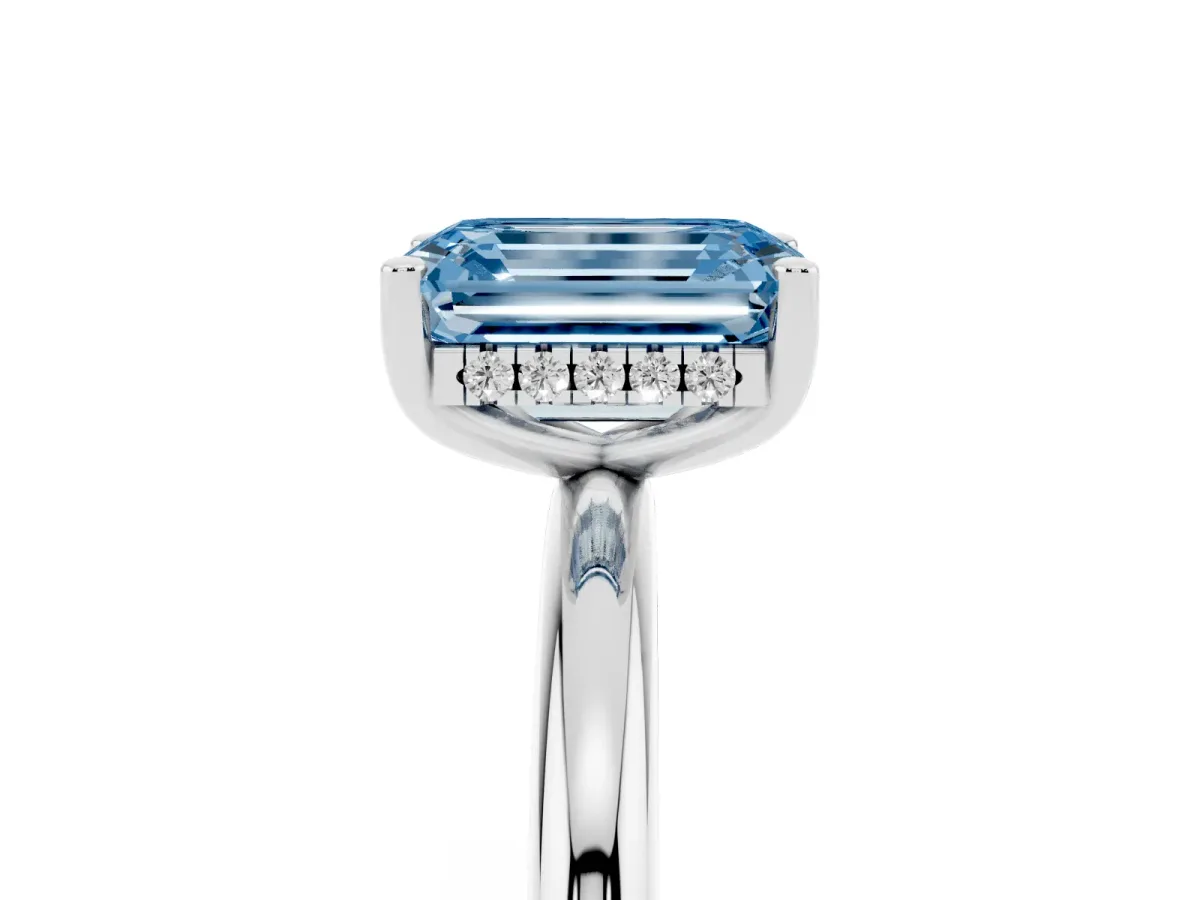 Fancy Blue Emerald Cut Cut Solitaire Engagement Ring with Four-Prong Setting and Classic Band Silver
