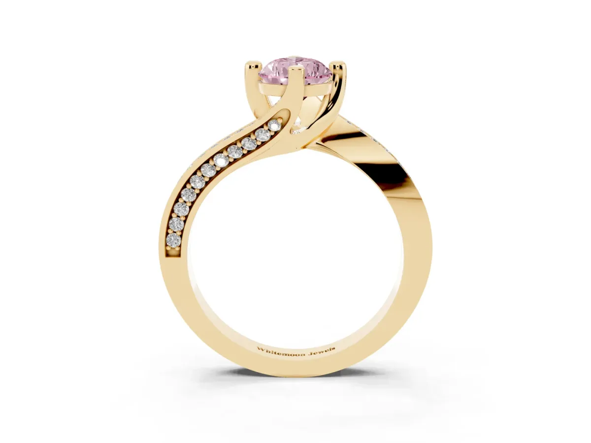 Fancy Pink Pear Cut Solitaire Diamond Twist Band with Pavé Setting and Four-Prong Setting Yellow gold