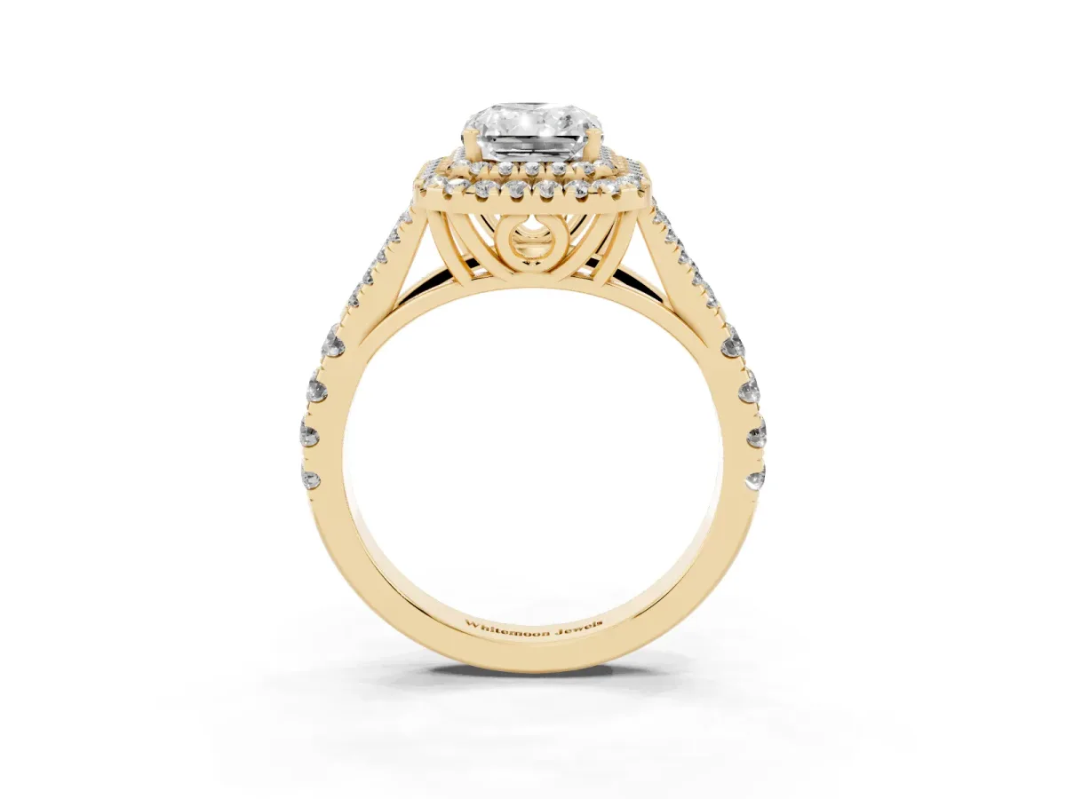 Radiant Cut Cut Double Halo Split Shank Diamond Ring with Prong Setting Yellow gold
