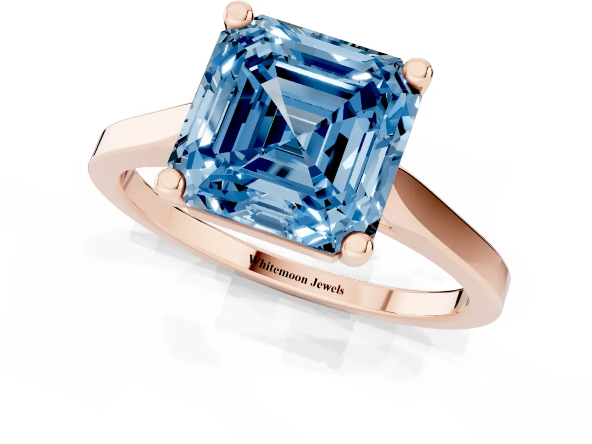 Fancy Blue Asscher Cut Solitaire Diamond Ring with Four-Prong Setting and Tapered Band Rose gold