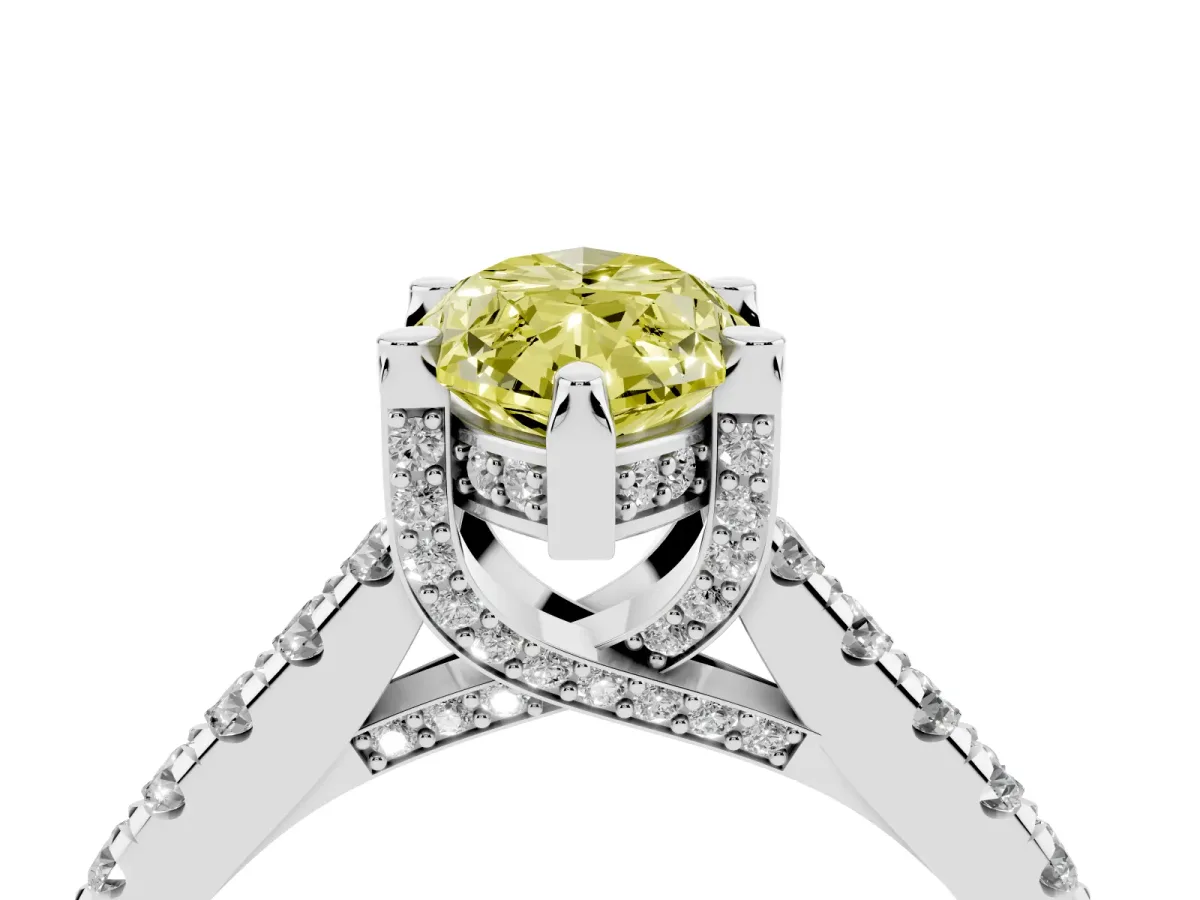Fancy Yellow Marquise Cut Brilliant Diamond Solitaire with Pavé Band and Four-Prong Setting Silver