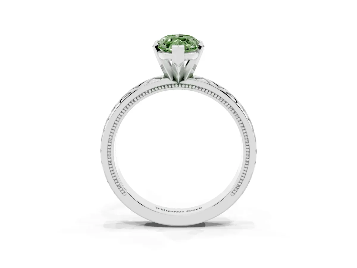 Fancy Green Marquise Cut Solitaire Diamond Ring with Milgrain and Black Enamel X Pattern Band Silver