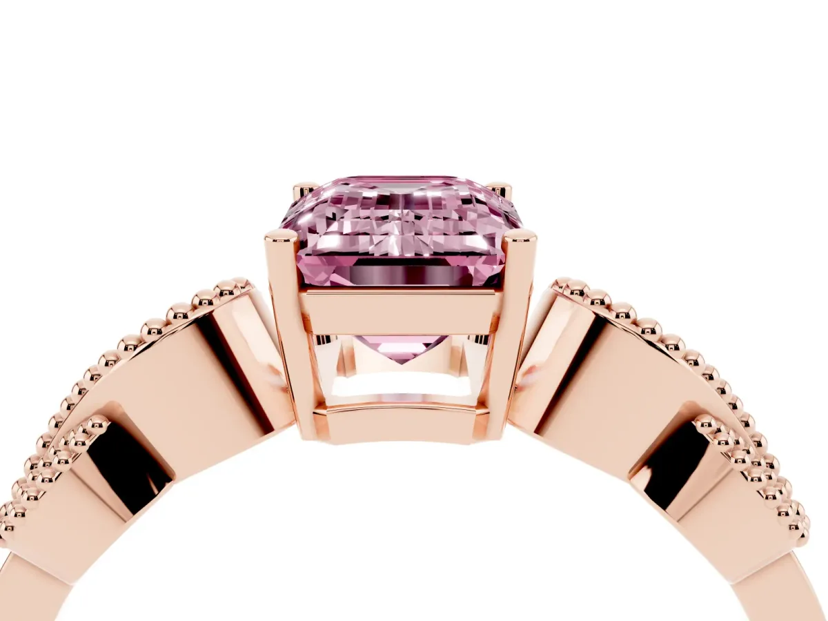 Fancy Pink Emerald Cut Solitaire Milgrain Leaf Band with Prong Setting Rose gold